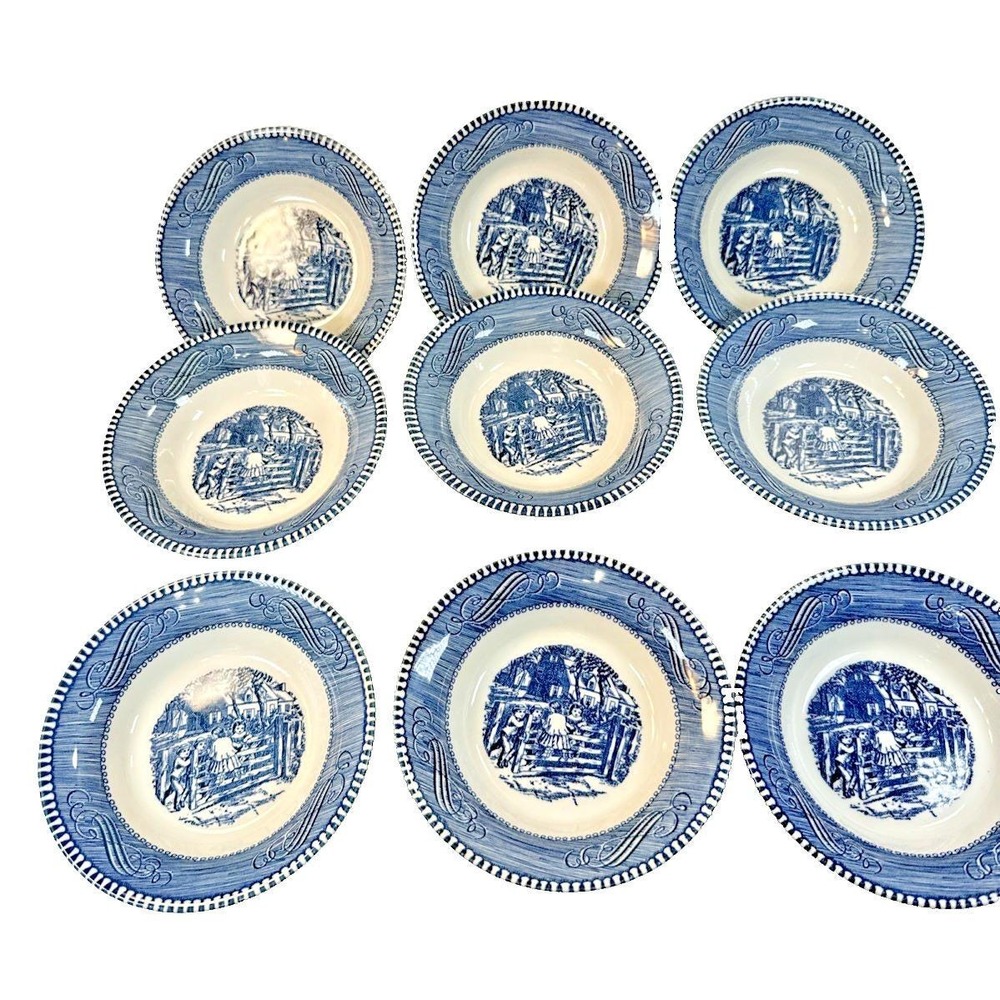 9 Vintage Berry Bowls Currier and Ives Old Farm Gate Royal China EVC
